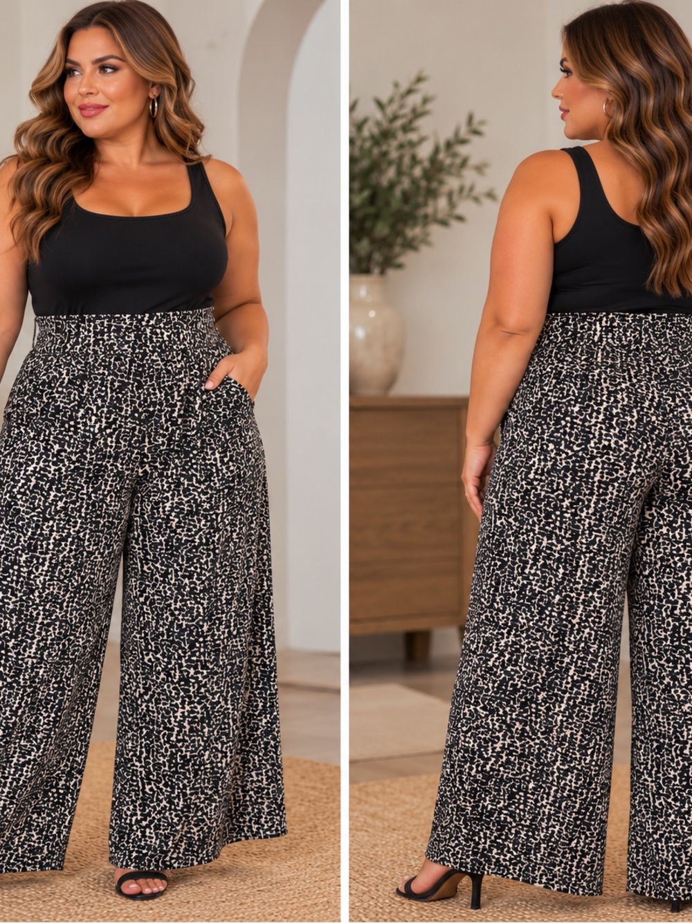 Elementz Black and Cream Abstract Wide-Leg Palazzo Pants
